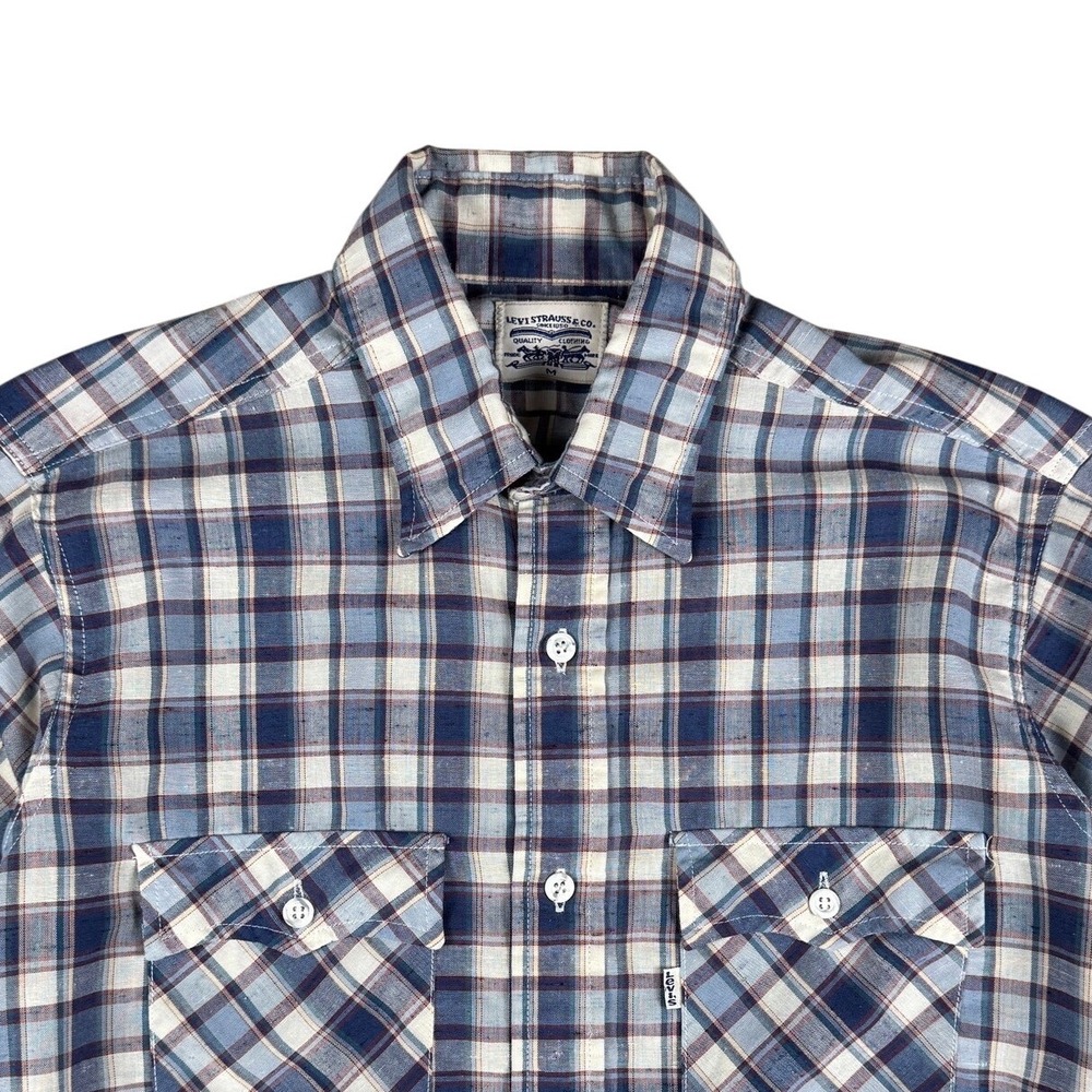 Vintage 1970s Levi's White Tab Plaid Shirt‎ Men's Medium USA 50/50 Poly Cotton